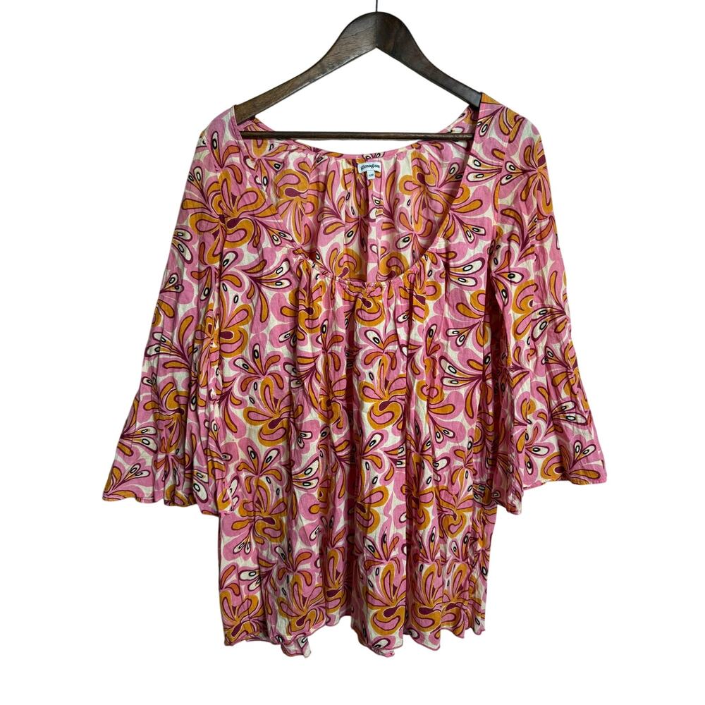 Gimaguas Pink Orange Abstract Floral Babydoll Tunic Top Bell Sleeve size S/M